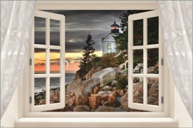 window into lighthouse CLASSIC SCENIC POSTER rocks trees STORMY SKY 20x30