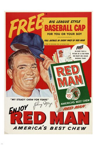 JOHNNY MIZE NEW YORK YANKEES red man tobacco vintage poster 1950-54 20x30