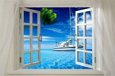 Window onto OCEAN with boat SCENIC poster 20x30 sails PALM TREES hot