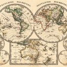 ANTIQUE MAP OF TWO HEMISPHERES poster includes EAST, WEST & AUSTRALIA 20x30