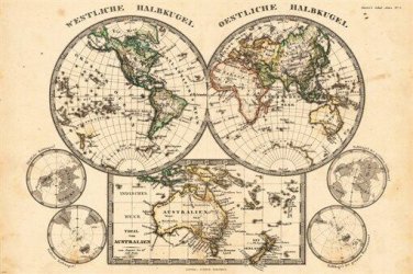 ANTIQUE MAP OF TWO HEMISPHERES poster includes EAST, WEST & AUSTRALIA 20x30
