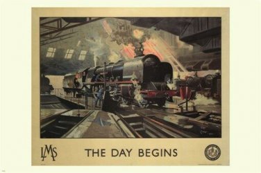 THE DAY BEGINS vintage train poster TERENCE CUNEO uk 1946 20x30 rare HOT