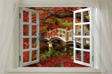 Window onto AUTUMN SPLENDOR scenic POSTER red leaves 20x30 FOOT bridge NEW!