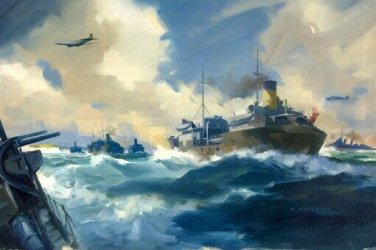 CONVOY SCENE ENGLAND by FRANK WOOTTON ocean waves 1939-1946 20x30