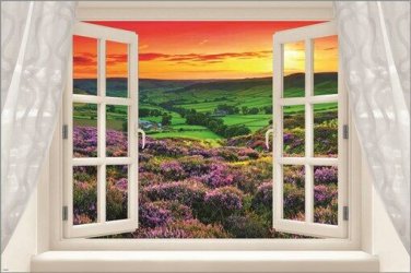 WINDOW POSTER enchanted valley LAVENDER LUSH GREEN blazing sun 20x30 SCENIC