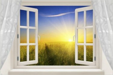 window into SUNRISE IN THE FIELD poster BEAUTIFUL LIGHT, BLUE SKY 20x30 gem