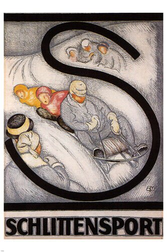 davos bobsledding vintage poster BURKHARD MANGOLD SWITZERLAND 1917 20x30