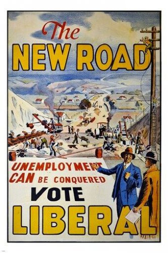 1929 british ad poster touting LIBERAL PROGRESSIVE IDEAS the new road 20x30