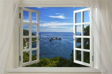 WINDOW TO MAGIC BAY scenic poster 20x30 BLUE SKY WATER cliffs island NEW