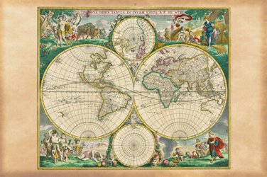 1670_WOLD MAP NOVA ORBIT DE WIT POSTER historic painted scenes borders 20x30