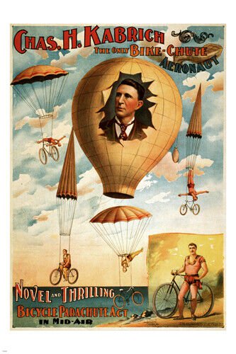 EXQUISITE the only bike-chute aeronaut 1886 VINTAGE AD POSTER 20x30 rare