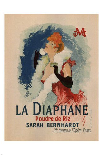 LA DIAPHANE vintage ad poster SARAH BERNHARDT rice powder FRANCE 1880 20x30