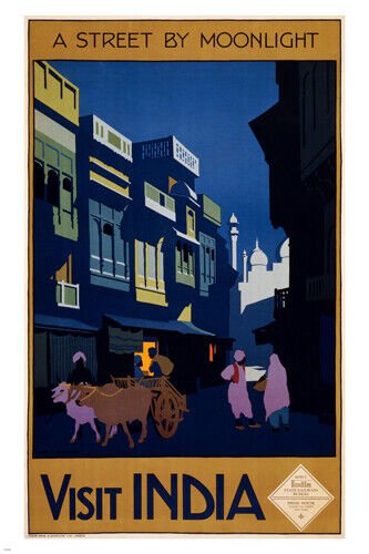 VISIT INDIA a street by moonlight VINTAGE TRAVEL POSTER 1920 20x30