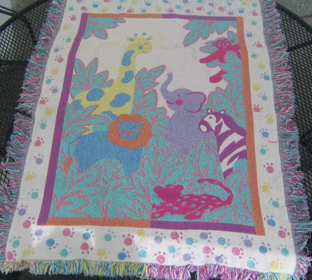 Cotton Child's Woven Animal Blanket - Giraffe Elephant Monkey