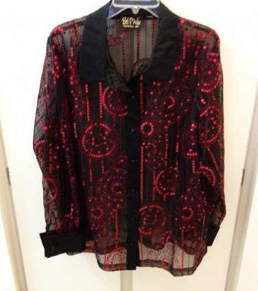 Sparkling Red Sequin Evening Party Holiday Ladies Overshirt Top Bob Mackie