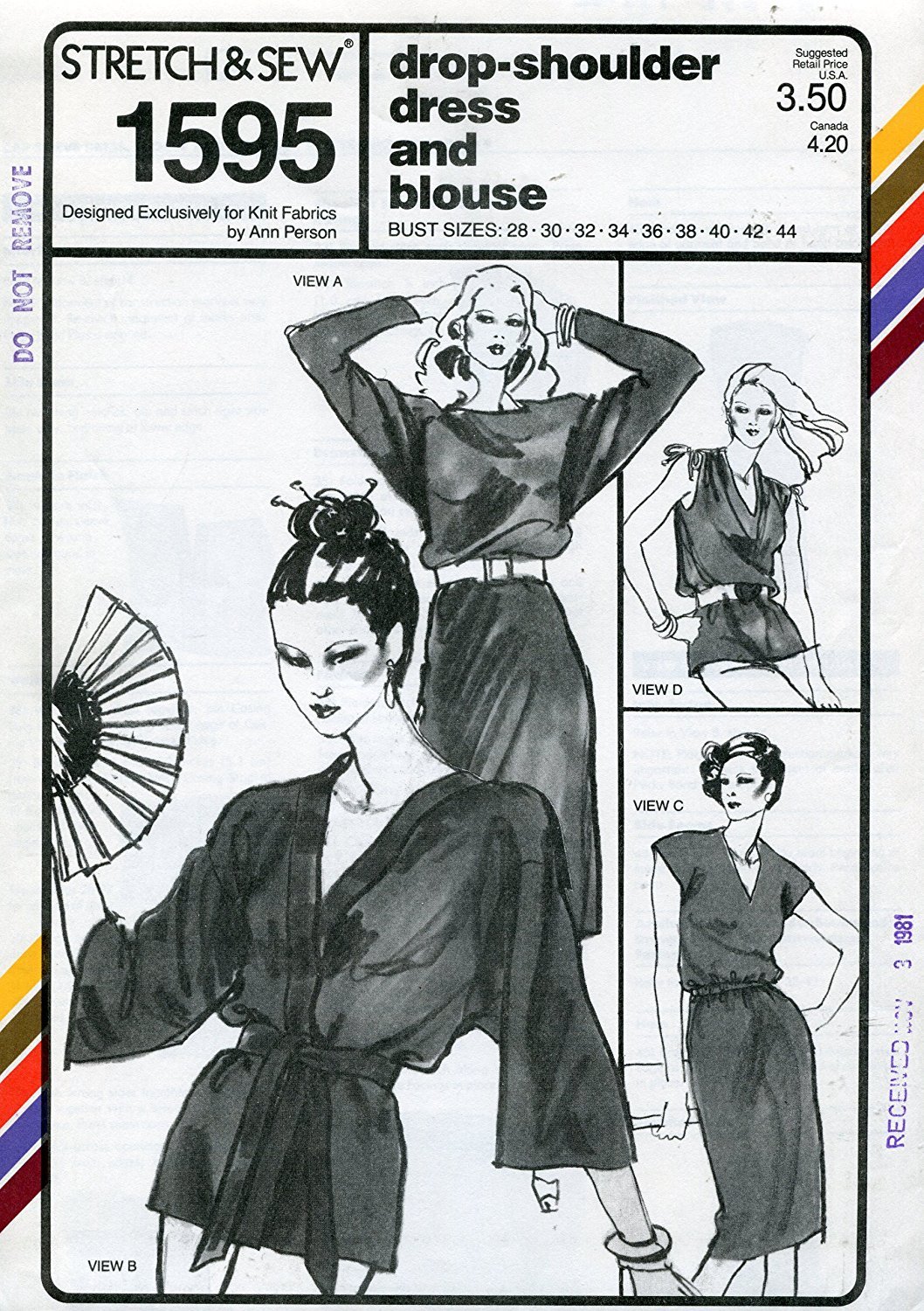 Stretch & Sew Pattern 1595 ~ Drop Shoulder / Cap Sleeve Dress, Blouse & Kimono Tunic ~ Bust 28-44
