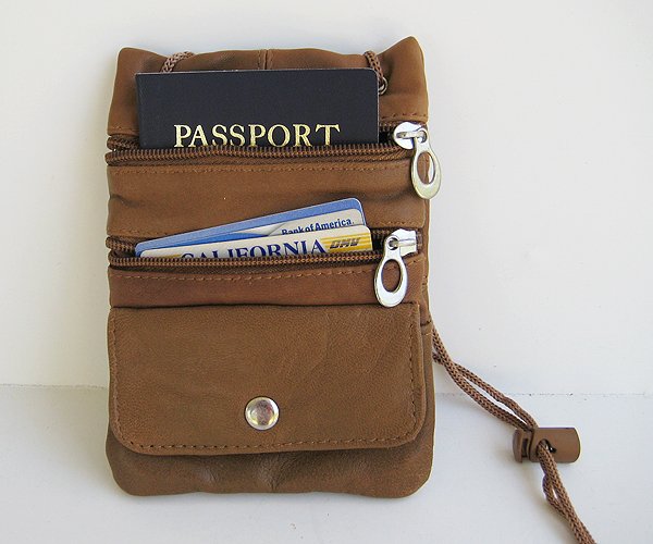 2x TWO PASSPORT Leather ID Holder Neck Pouch TRAVEL TAN