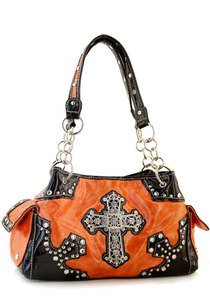 Orange Designer Cross Studs Chain Inspired tote Shinny Handbag Purse Western