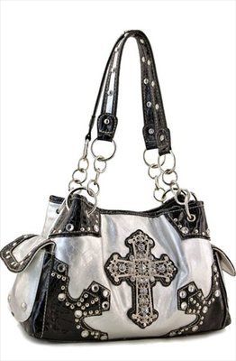 Silver Designer Cross Studs Chain Inspired tote Shinny Handbag Purse Western