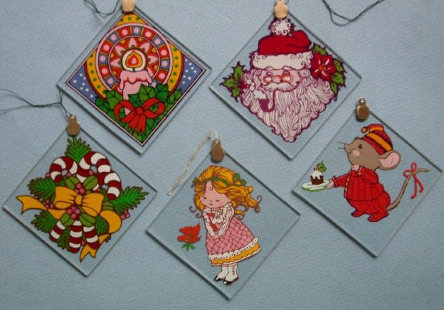 1980 Vintage Set 5 Glass Squares Christmas Ornaments