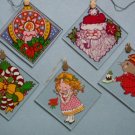 1980 Vintage Set 5 Glass Squares Christmas Ornaments
