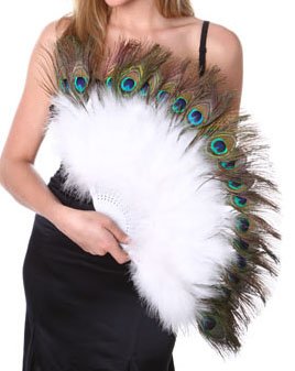 27x 15 Peacock & Marabou Feather Hand Fan Mardi Gras Costume White