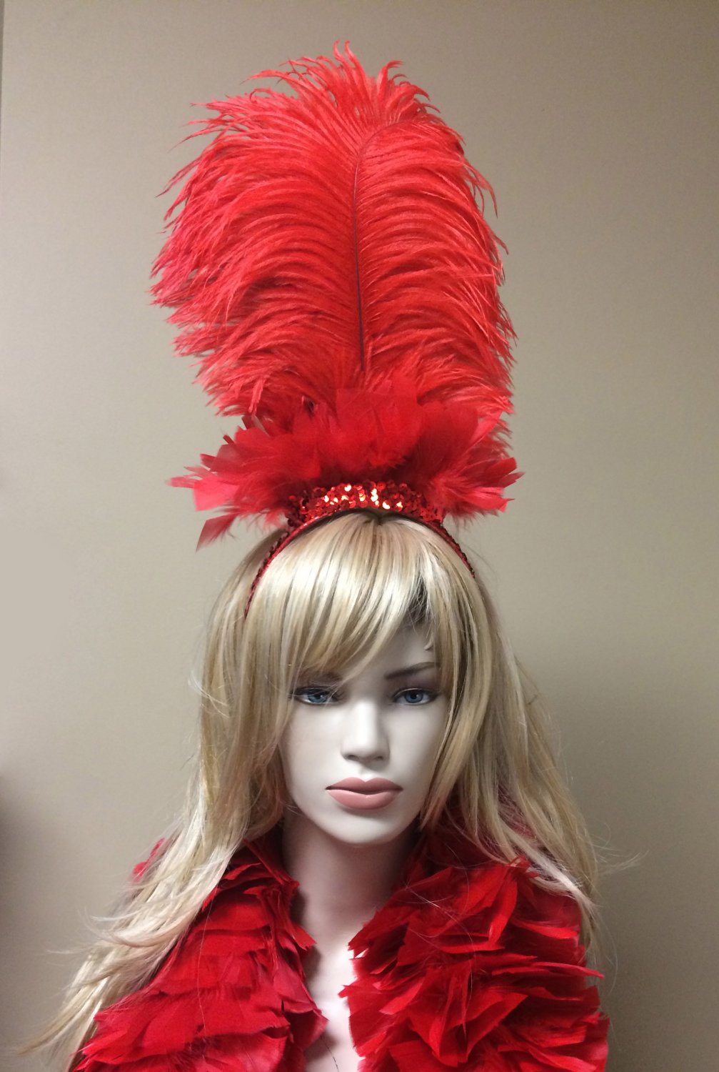 Red Ostrich Feather Showgirl/Saloon Girl Headband Headdress