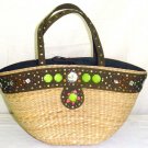 Encrusted -  Straw Basket w/ Metal Studs, Wooden Beads and Natural Shells