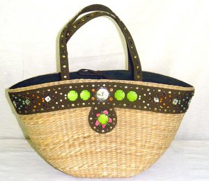 Encrusted -  Straw Basket w/ Metal Studs, Wooden Beads and Natural Shells