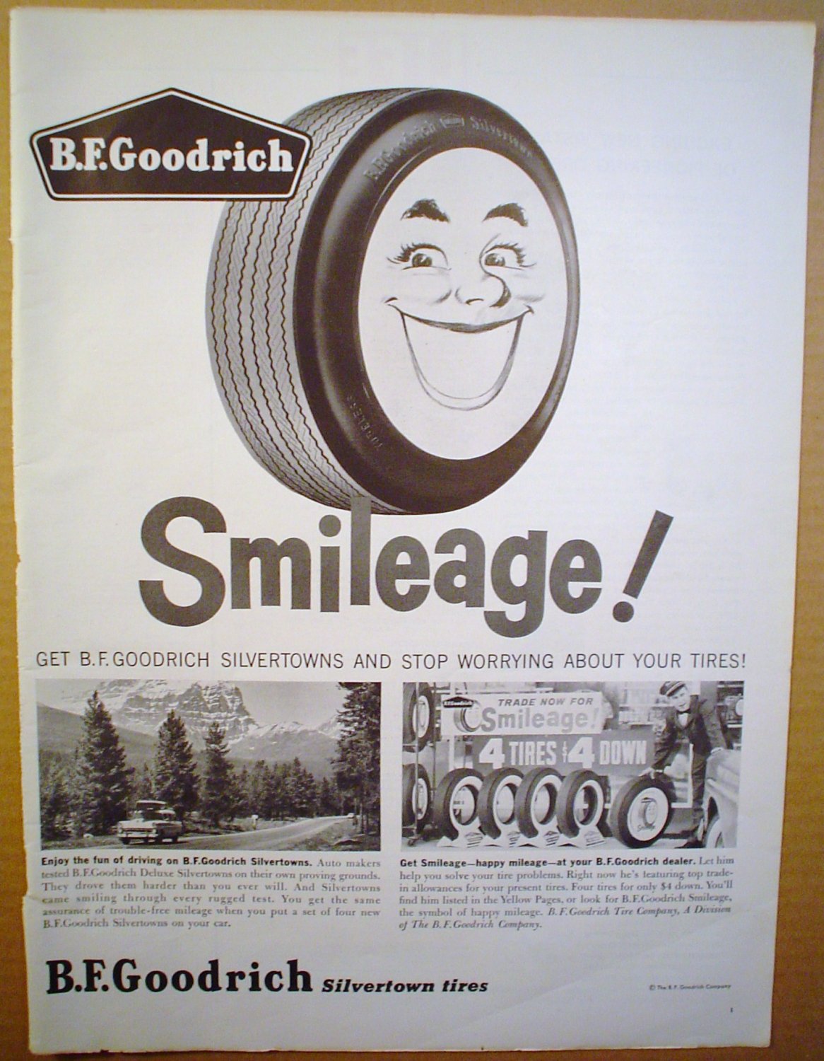 1958 Ad B.F. Goodrich Silvertown Tires Smileage 4 Down For 4 Tires
