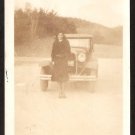 1932 LOVELY LADY LONG COAT IN FRONT OF VINTAGE AUTO DIRT ROAD ROLLING HILLS
