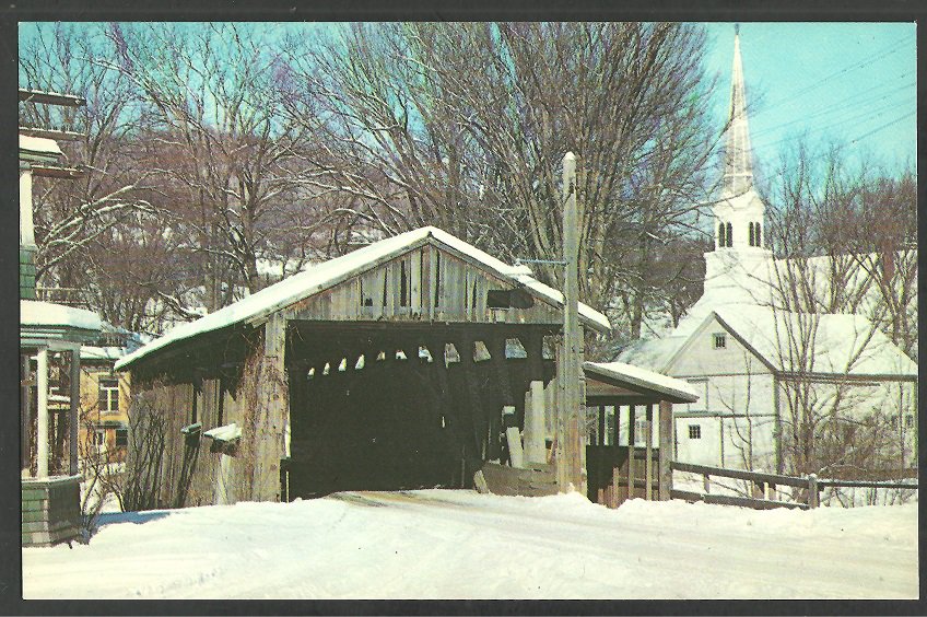 Covered Bridge Waitsfield Vermont Winter View Church Steeple Barn