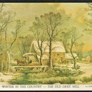 Winter In The Country The Old Grist Mill Currier & Ives Horse Drawn Sleigh Oxen Chrome Postcard