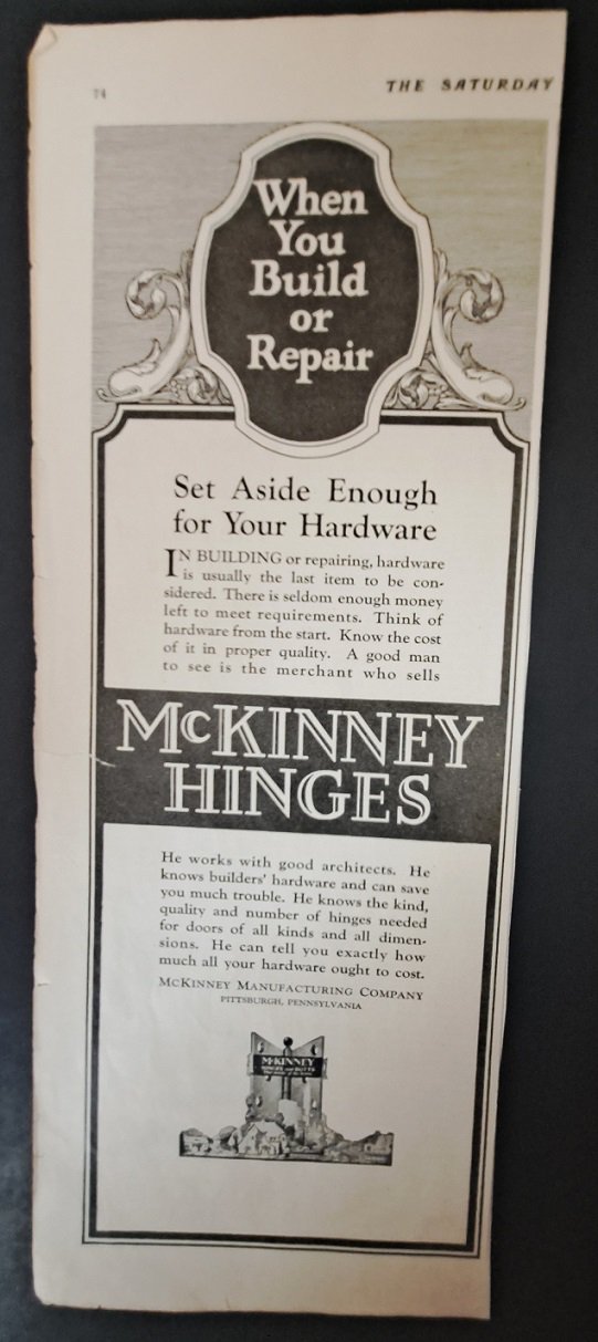 1923 Print Ad McKinney Hinges Hardware Pittsburgh Pa.