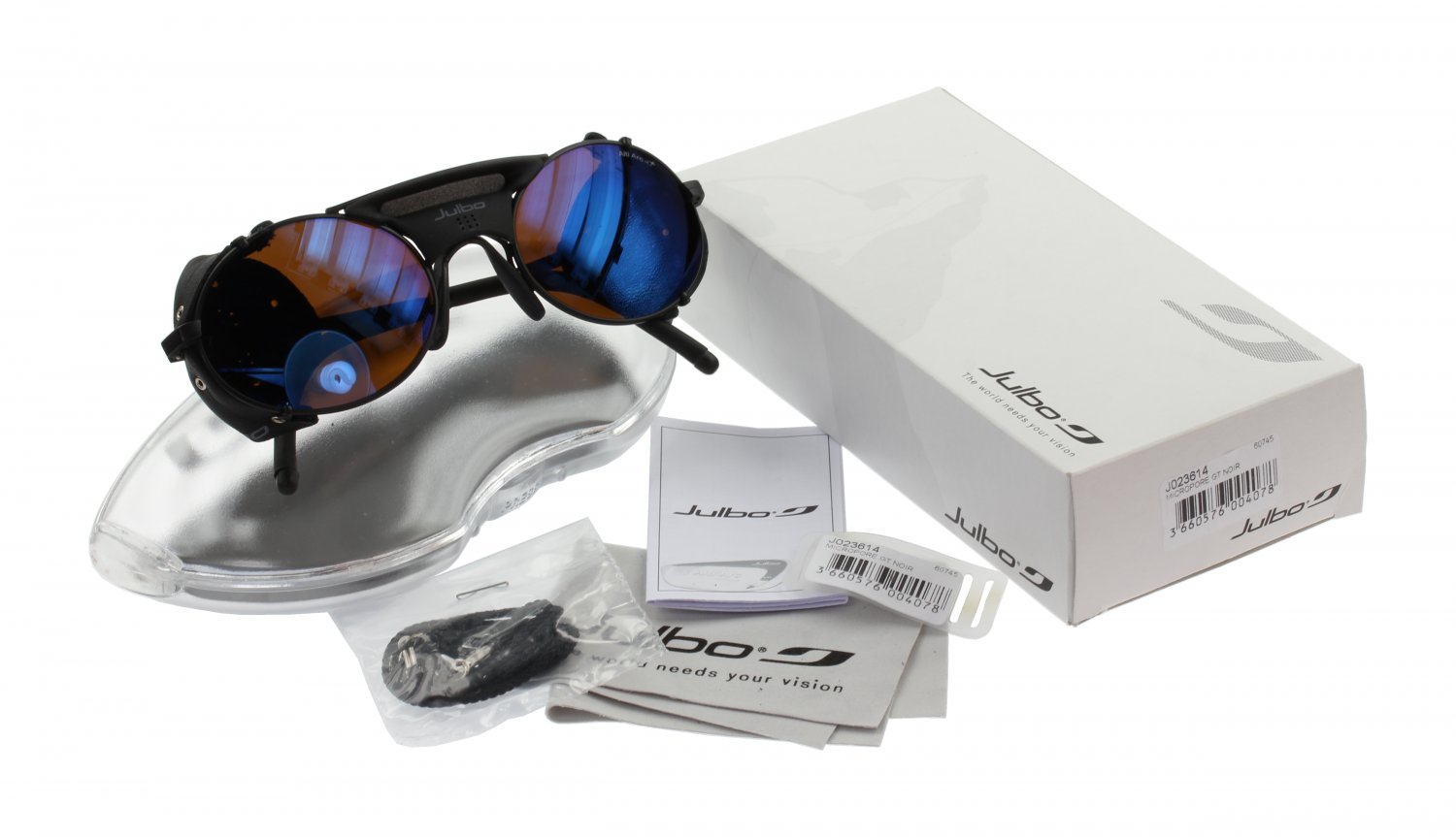 Julbo Micropore GT Sunglasses Black Frame, Black Leather Shields, Alti Arc 4+ Cat. 4 Glass Lenses