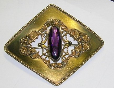 Antique Amethyst GP Fillagree Brooch Sash Pin c1890