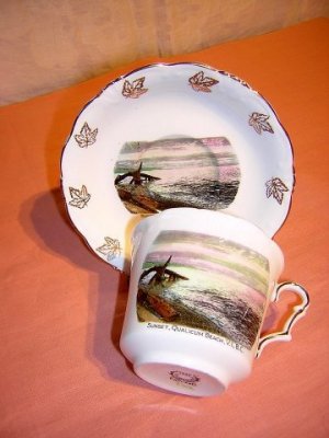 Bone china souvenir cup saucer Qualicum Beach BC Canada 1048vf