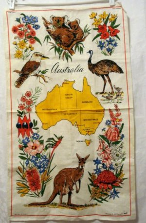Australia map flowers wildlife souvenir towel linen colorful unused vintage by Neil  1162vf