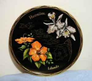 Hawaiian Islands souvenir state tray painted tin orchids hibiscus vintage 1198vf