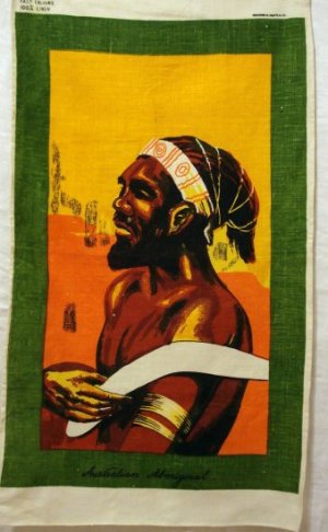 Aboriginal man souvenir linen towel unused 1245vf