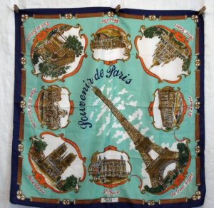 Souvenir de Paris scarf Roger L aqua background made Italy vintage 1316vf