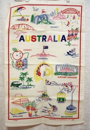Australia is for fun cotton souvenir tea towel colorful line illustrations unused vintage 1356vf
