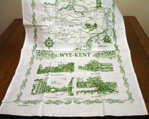 Wye-Kent souvenir tea towel cotton unused green white vintage1381vf