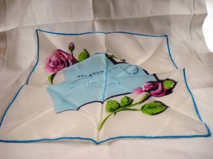 Telegram hanky Tilburg Holland silk rolled hem roses unused vintage1392vf