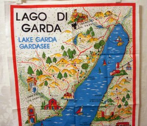 Lago di Garda Lake Garda Italy picture map souvenir tea towel cotton unused vintage 1459vf