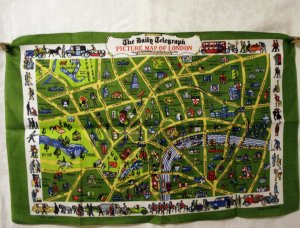 The Daily Telegraph Picture Map of London souvenir towel Irish linen unused vintage 1461vf