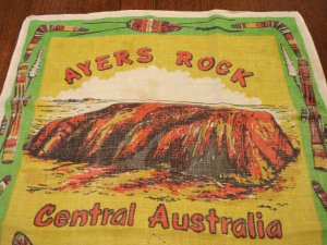 Ayers Rock Central Australia souvenir linen tea kitchen towel kangaroos used vintage 1494vf