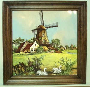 Royal Schwabap framed porcelain tile windmill swans Van Hunnick design 1984 vintage 1498vf