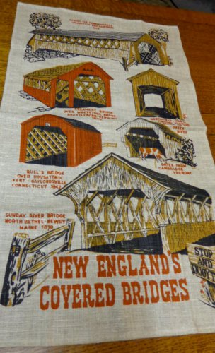New England's Covered Bridges souvenir linen tea towel for glassware unused vintage 1557vf