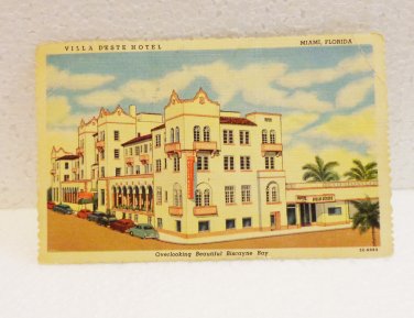 Villa D'Este Hotel Miami Florida advertising postcard Curteich Chicago linen unused 1567vf
